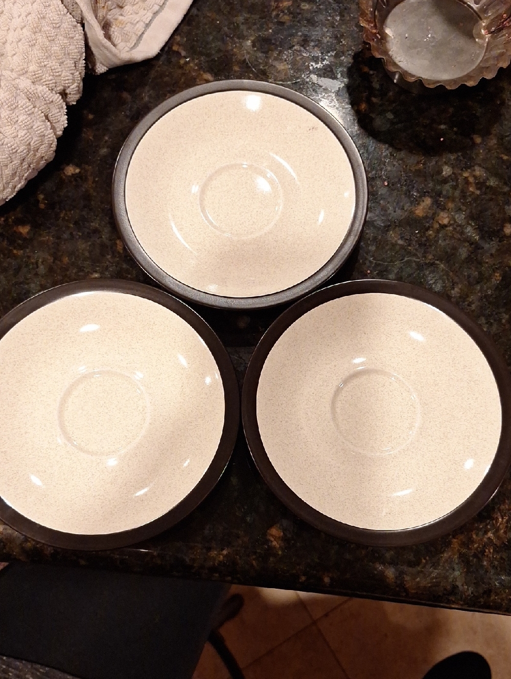 Vintage Mikasa Cream Stoneware Saucers with Brown Rim - Set of 3